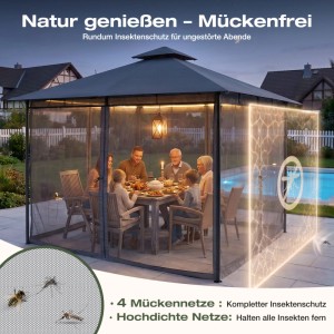 Grauer Sekey Pavillon mit Moskitonetz, unter dem eine Familie im Garten isst. Ideal für Insektenschutz und Outdoor-Abende.