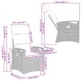 Schwarzer, verstellbarer Poly-Rattan Gartenstuhl mit Klapptisch und Maßangaben.