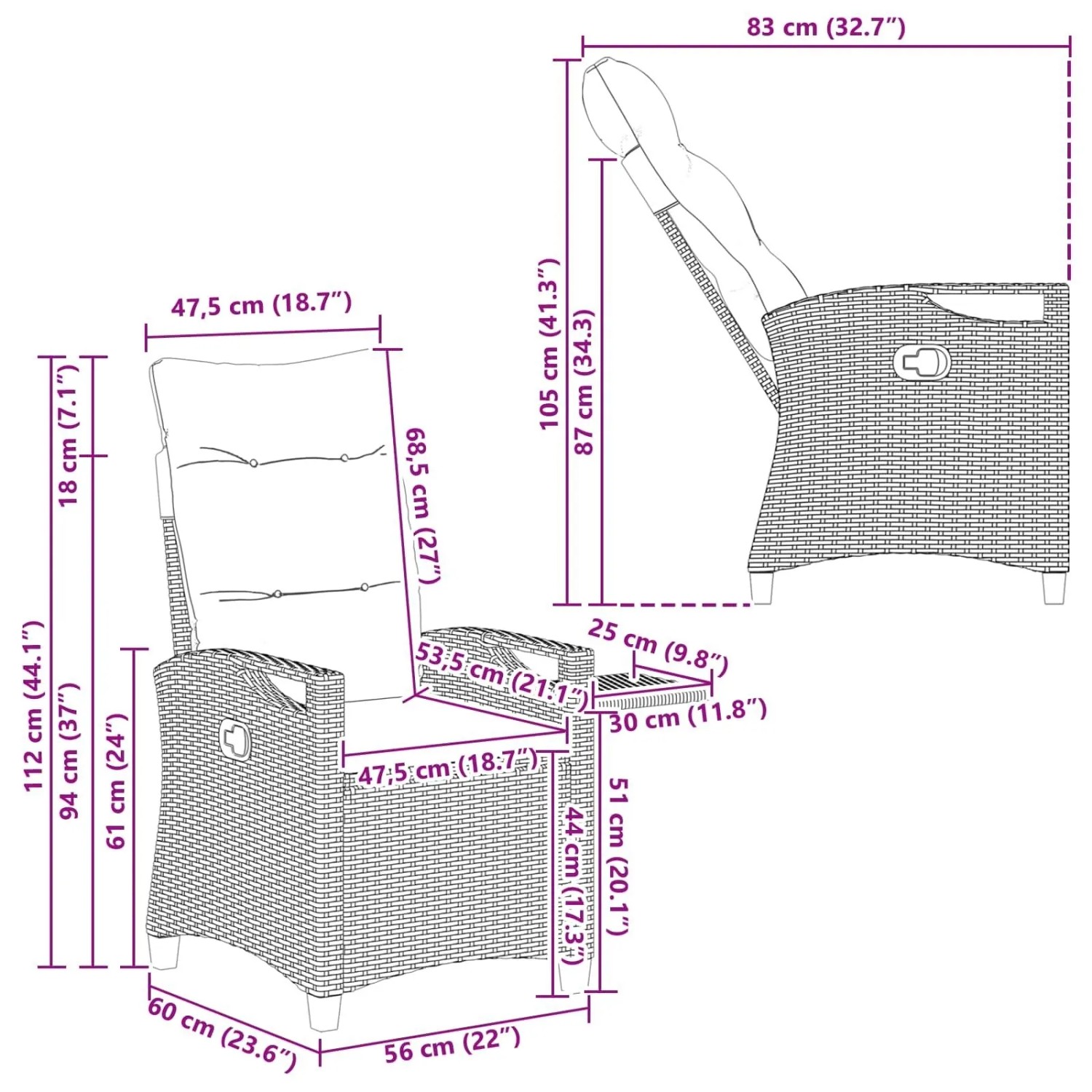 Schwarzer, verstellbarer Poly-Rattan Gartenstuhl mit Klapptisch und Maßangaben.