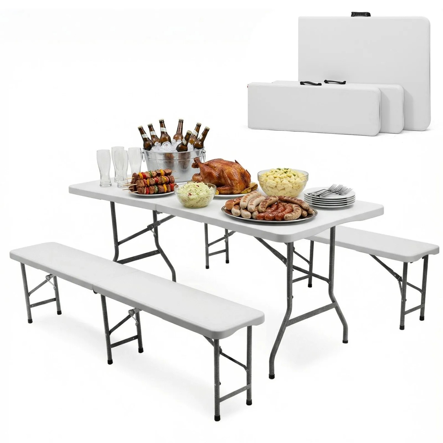 Sekey Bierzeltgarnitur 180 cm Klappbar Set mit 2 Bierbänken und 1 Tisch Weiß