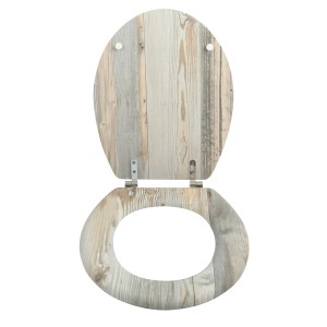 MSV WC-Sitz Ombo in Beige mit Holzoptik und Edelstahl-Scharnieren, geöffnet.