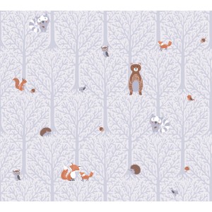 Vliestapete mit Waldtieren in Weiß und Lila für das Kinderzimmer.