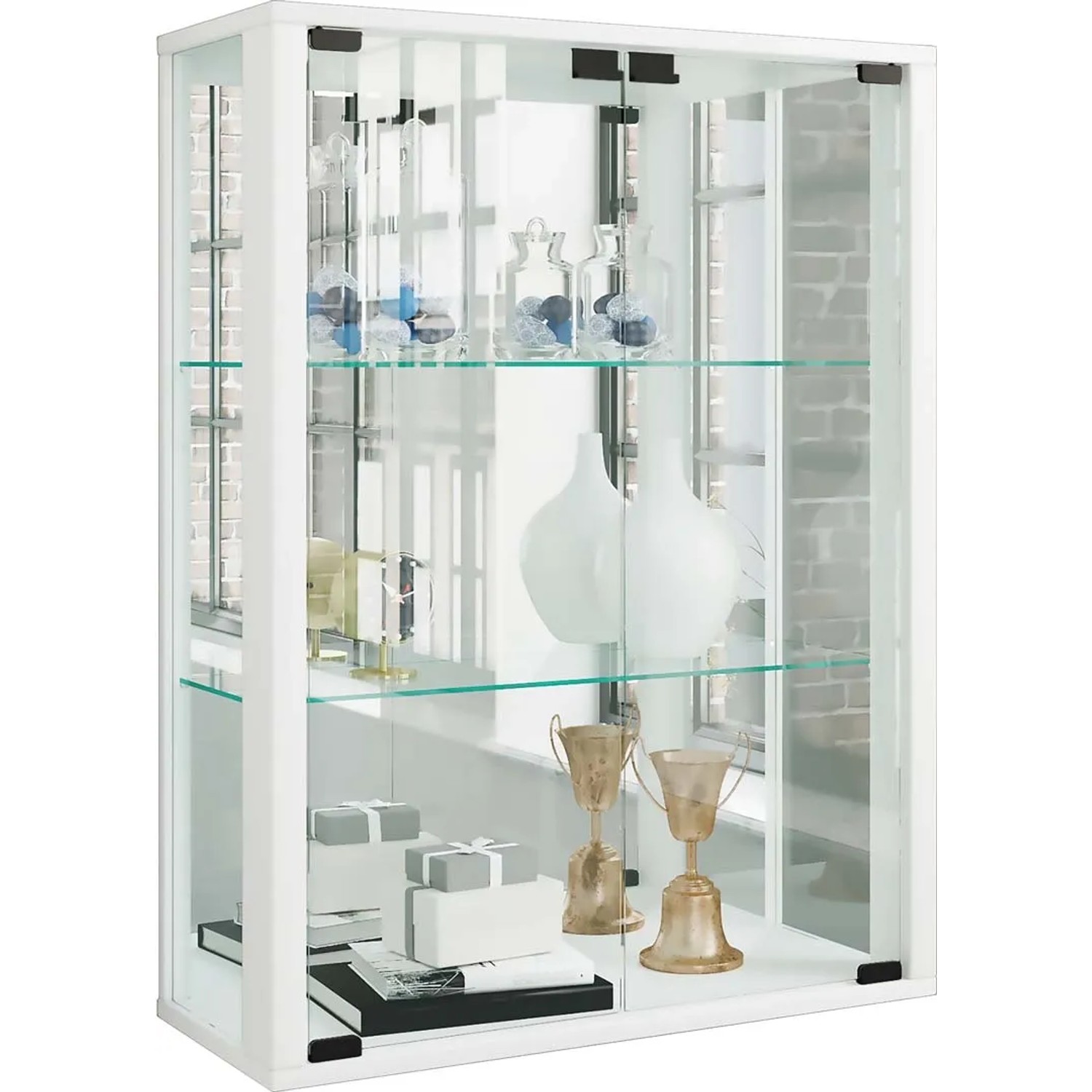 ebuy24 Udina Vitrinenschrank Wandhängend mit Spiegel 2 Glastüren Inkl LED-Leuchten Weiß