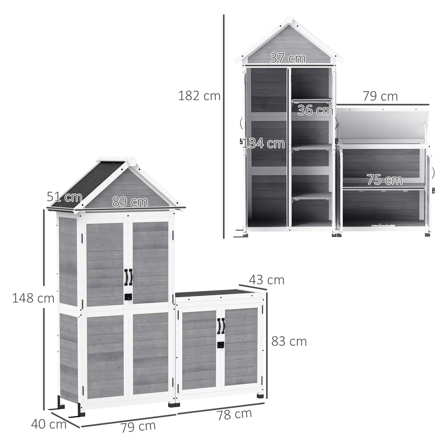 Outsunny Gartenschrank, Tannenholz, hellgrau, mit Maßangaben. Werkzeugschrank für Garten.