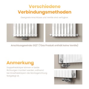 Detailansicht Emke Heizkörper: Verschiedene Anschlussmethoden des weißen Paneelheizkörpers.