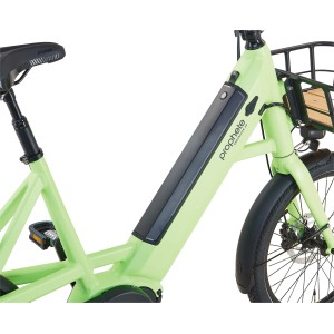 Detailansicht des Prophete Urbanicer 3.0 E-Bikes, hellgrüner Rahmen mit integriertem Akku.