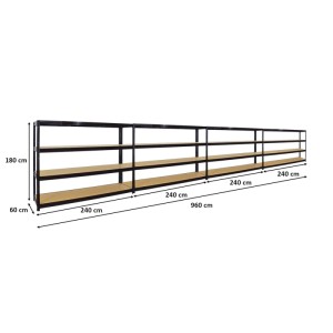 PROREGAL Schwerlastregal Dino 4er-Set, 180x240x60cm, mit 4 MDF-Fachböden, Fachlast 450kg, schwarz