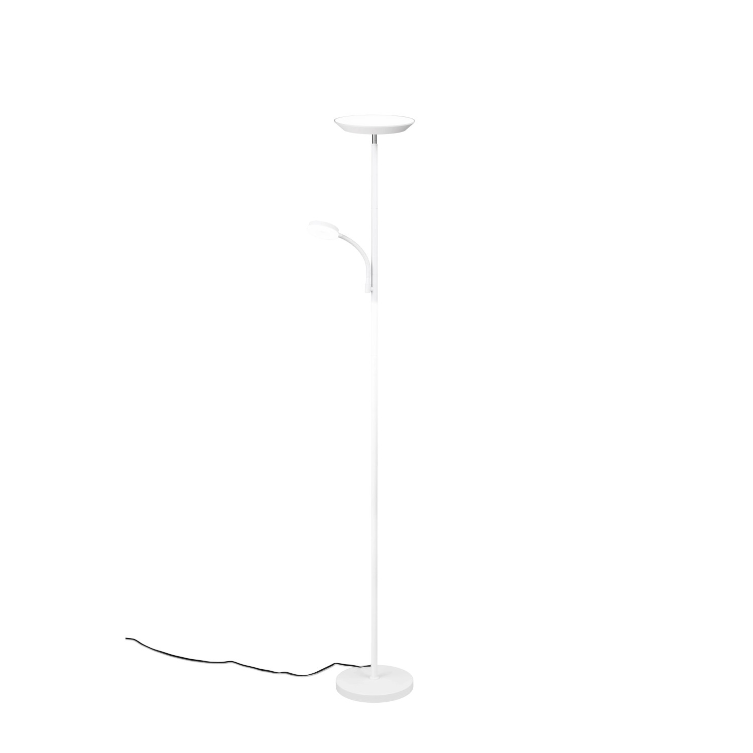 Weiße Reality LED Stehleuchte Specter mit Lesearm, 178 cm hoch, für Wohnraumbeleuchtung.