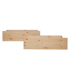Zwei helle Bettkästen aus massivem Kiefernholz mit Griffeinkerbung. 2er Set Aufbewahrungsboxen für unter das Bett.