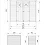 Skizze: Timbela Gartenhaus Holz M310+M310G mit Maßen, Front- und Seitenansicht