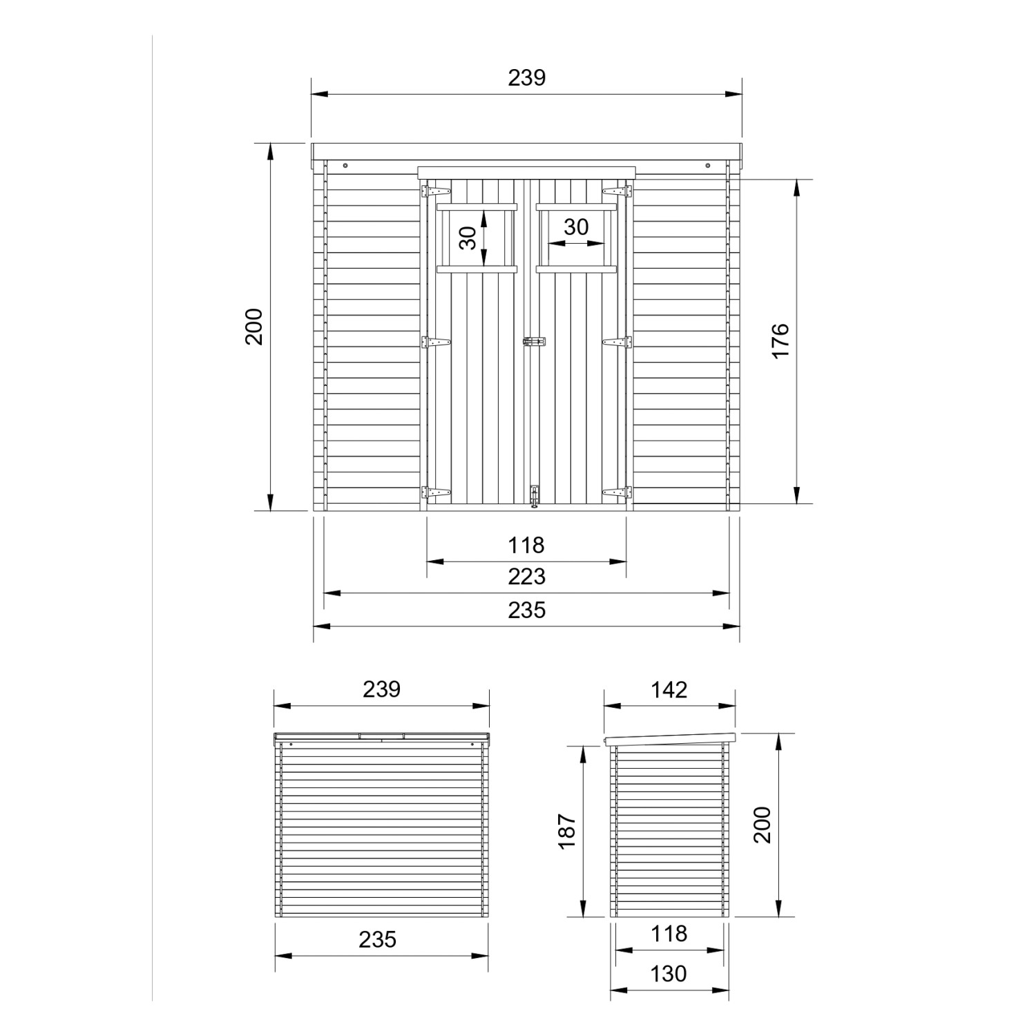 Skizze: Timbela Gartenhaus Holz M310+M310G mit Maßen, Front- und Seitenansicht