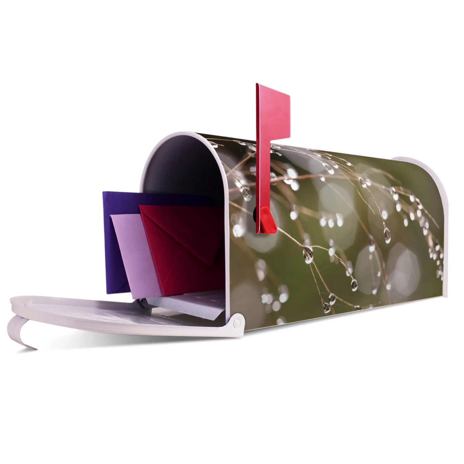 Weißer Banjado US Briefkasten mit Tau-Motiv, geöffnet mit Briefen. Amerikanischer Postkasten für Wand- oder Standmontage.
