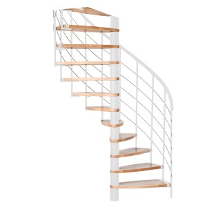Minka Spindeltreppe Helios, Buche-Weiß: Wendeltreppe mit Holzstufen und weißem Geländer.