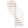 Minka Spindeltreppe Helios, Buche-Weiß: Wendeltreppe mit Holzstufen und weißem Geländer.