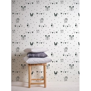 Vliestapete mit Tier-Motiven in Schwarz-Weiß für das Kinderzimmer.