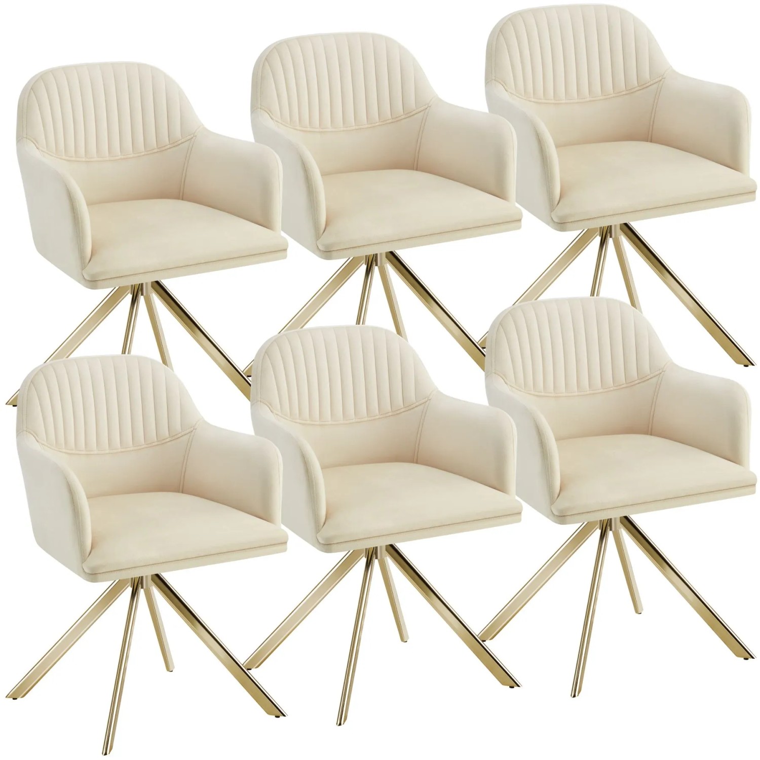Tectake Samt Drehstuhl Lona Gepolstert Mit Durchgehender Lehne  6Er Set 59 x 56 x 81 cm Creme Gold