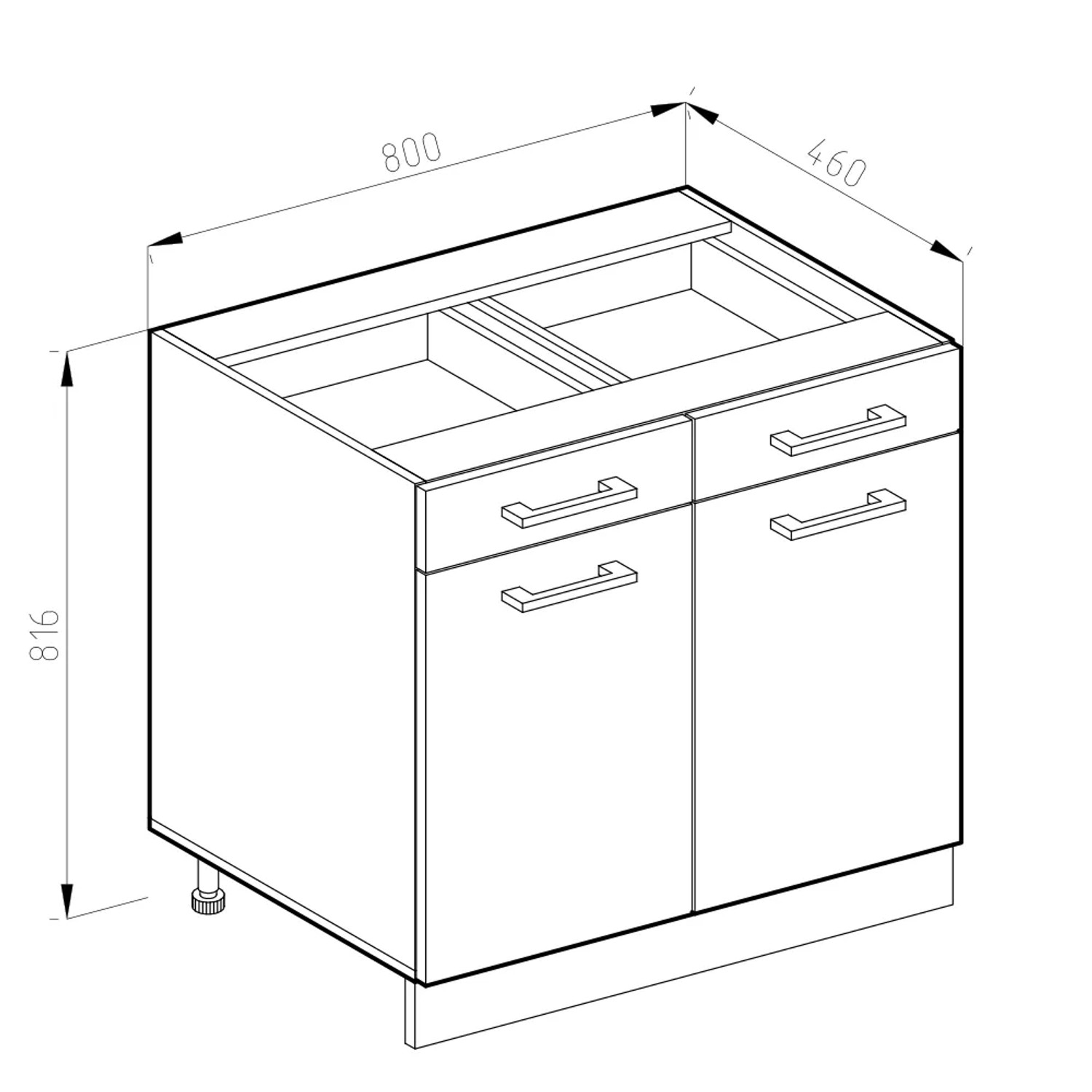 Skizze: Vicco Küchenunterschrank R-Line 80cm, Bordeaux Hochglanz/Eiche, mit Schubladen und Türen.