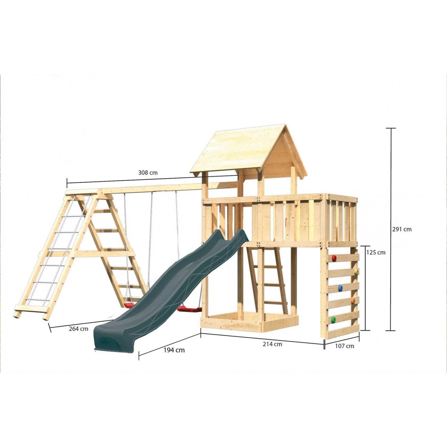 Karibu Spielturm Lotti mit Rutsche, Schaukel, Kletterwand und Plattform aus Holz.