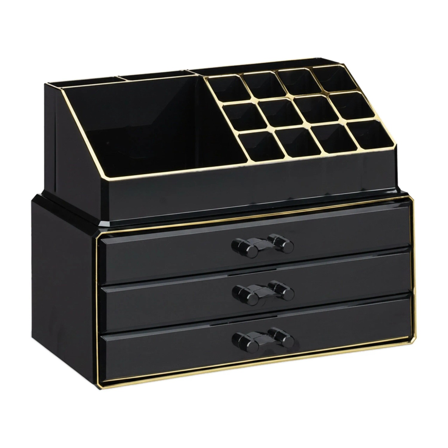 Relaxdays Make Up Organizer Acryl Schwarz Gold mit 3 Schubladen 19 cm x 23,5 cm x 14 cm 1,2 kg