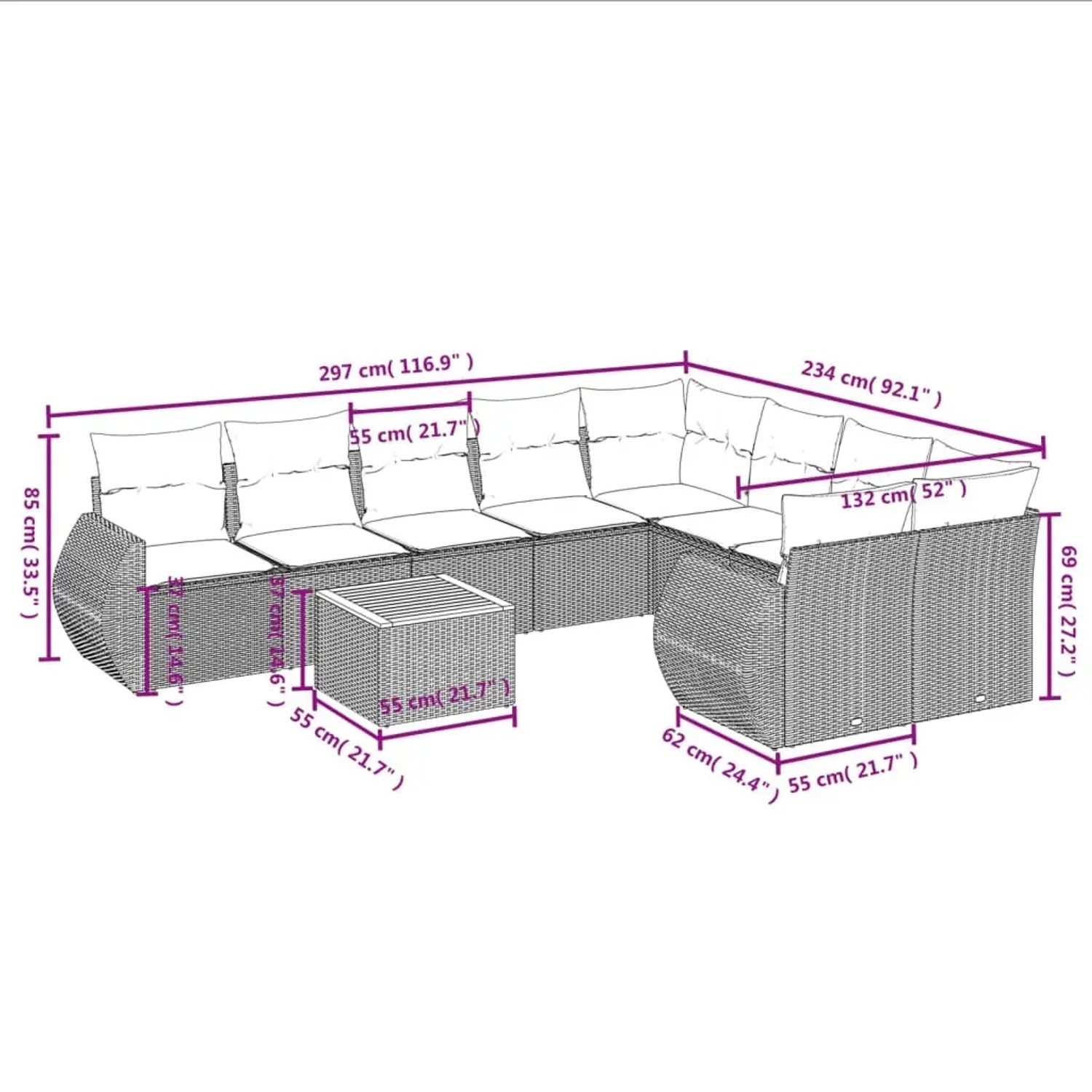 Schwarze 10-tlg. vidaXL Garten-Sofagarnitur aus Rattan mit cremeweißen Kissen und Tisch.