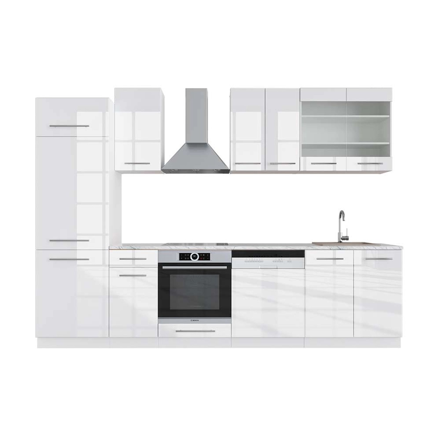 Vicco Fame-Line Küchenzeile Weiß Hochglanz/Weiß 300 cm AP Marmor günstig online kaufen
