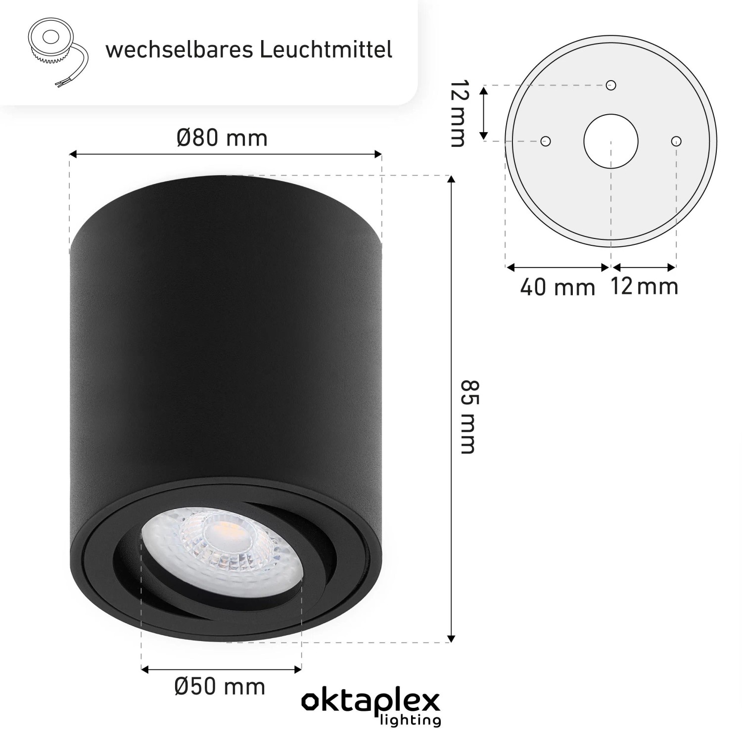 Oktaplex Lile M: 3er Set schwarze Alu Aufbauspots, schwenkbar, mit LED Modulen (warmweiß, 3000K).
