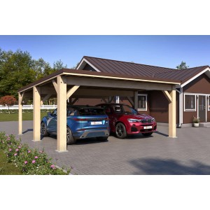 Holzbrüder Carport Ralf 36 in Natur-Dunkelbraun mit zwei geparkten Autos.