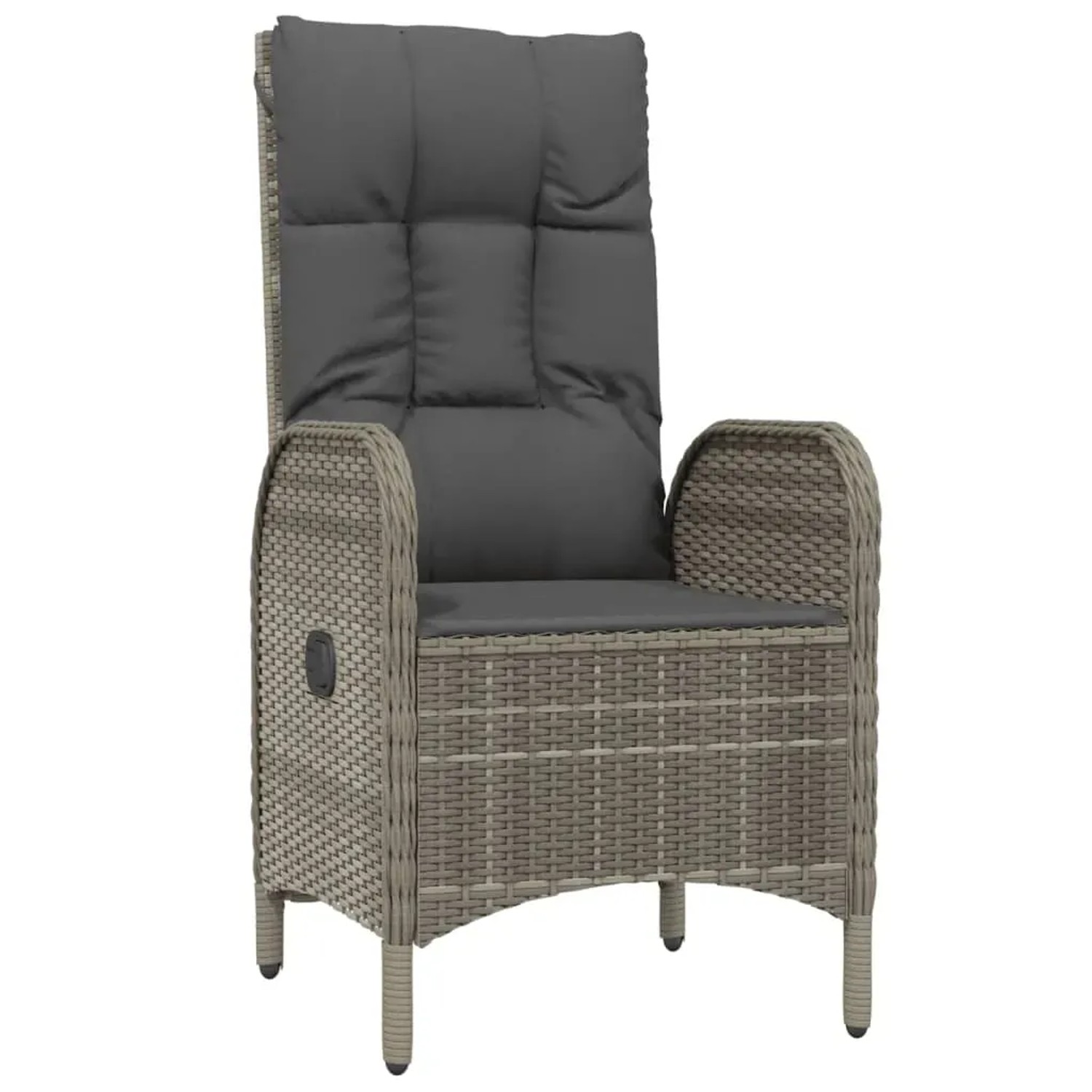 Verstellbarer vidaXL Gartenstuhl aus Rattan, schwarz/grau mit Kissen.
