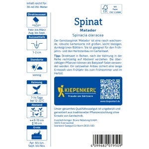 Kiepenkerl Spinat Matador Samenpackung: Winterharter Spinat für Frühjahr und Herbst.