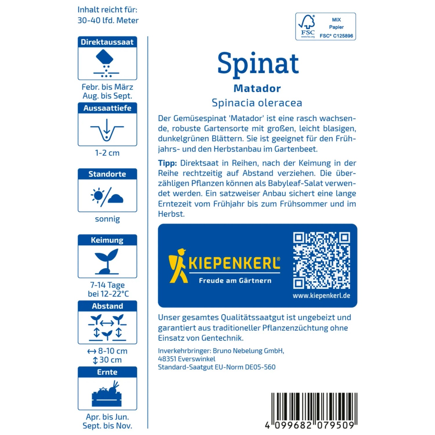 Kiepenkerl Spinat Matador Samenpackung: Winterharter Spinat für Frühjahr und Herbst.
