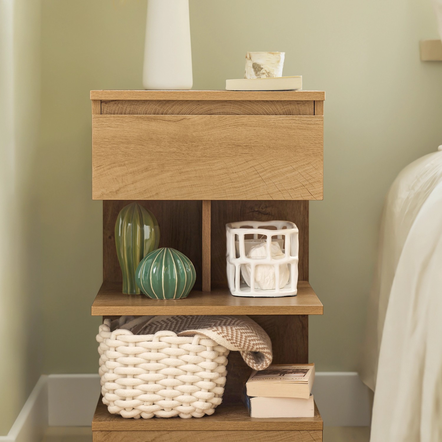 SoBuy Nachttisch FBT49-N in Natur mit Schublade und Ablagen. Beistelltisch für Schlafzimmer.