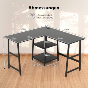 Costway Schreibtisch L-Form 120 x 120 x 75 cm Schwarz
