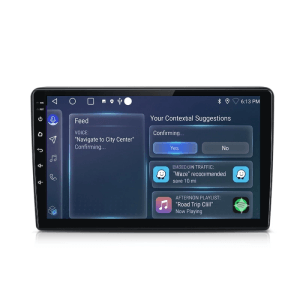 Junsun 9 Zoll Autoradio für Opel Zafira B. Touchscreen zeigt Navi-Sprachbefehl, Waze-Verkehr und Musik-Playlist.