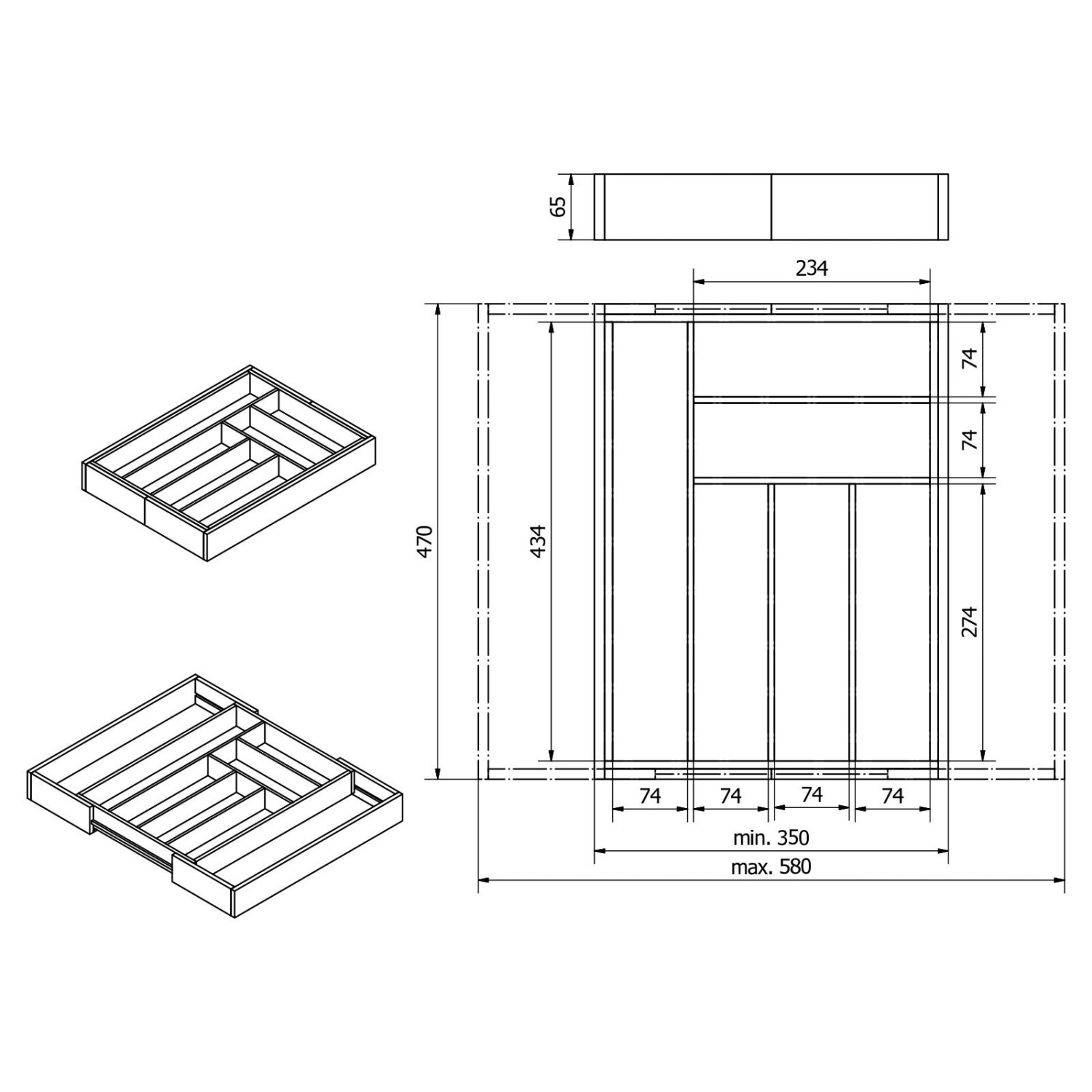 SOTECH ORGA-BOX UNIVERSAL Besteckkasten Aus Bambus Verstellbar Für Schrankbreite 500 - 600 mm Höhe 65 mm bis 8 Fächer_5
