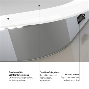 Detailaufnahme: DSK Design LED-Lichtspiegel Silver Porto mit sandgestrahlter Lichtumrahmung und An-Aus-Taster.