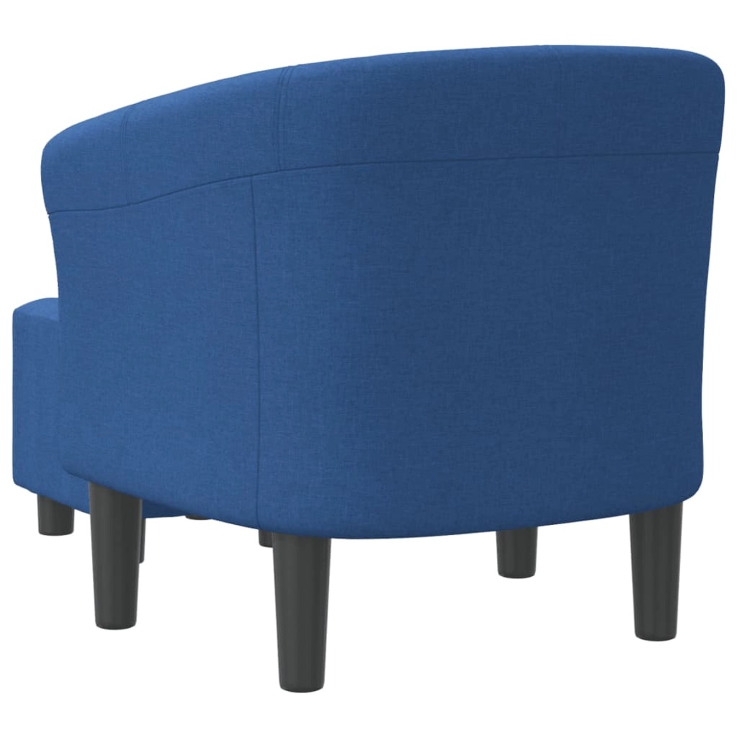 Blauer Clubsessel mit Fußhocker aus Stoff, Rückansicht. Relaxsessel für Wohnzimmer.