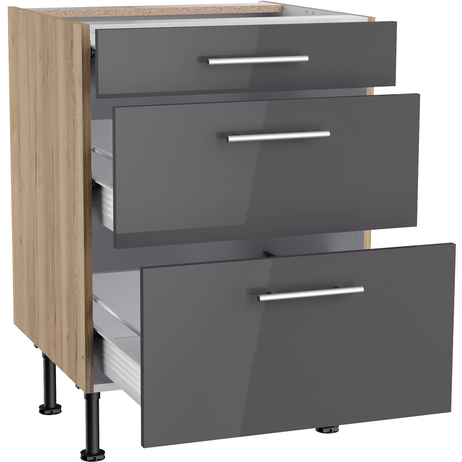 Optifit Unterschrank Jonte984, 60 cm, Anthrazit/Wildeiche, mit 3 Auszügen. Küchenunterschrank für mehr Stauraum.