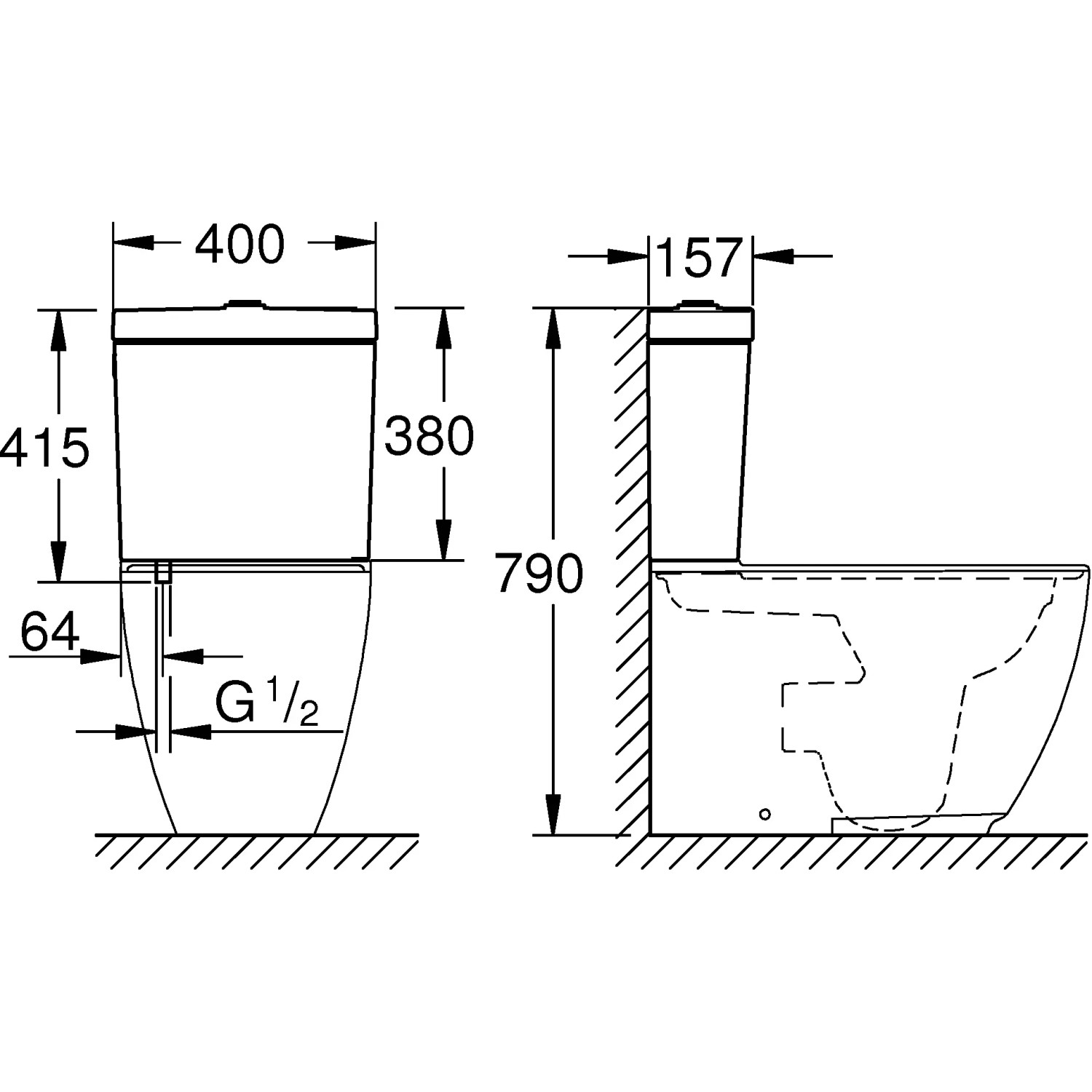 Technische Zeichnung: Grohe Essence Aufsatz-Spülkasten mit Maßen, Anschluss unten, Alpinweiß.