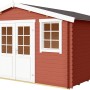 Lasita Holz-Gartenhaus Wels 4 in Schwedenrot mit weißen Fenstern und Türen.