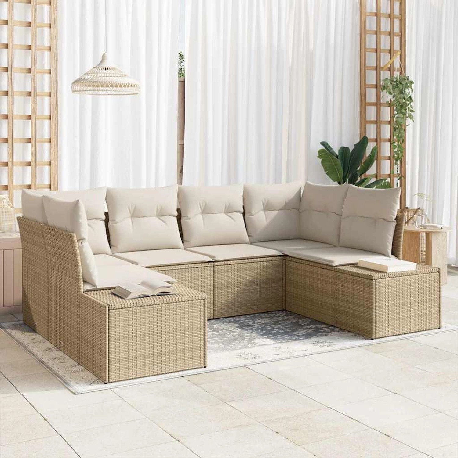 Beiges 6-tlg. Garten-Sofa-Set aus Poly Rattan mit Kissen. Modulare Gartenmöbel für Terrasse und Garten.