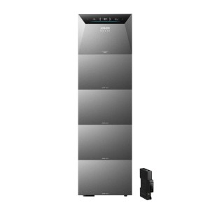 Anker SOLIX Solarbank 4 E5000 Pro mit 4 BP5000 Erweiterungsakkus und Smart Meter Gen 2. Graues, modulares Balkonkraftwerk-Speichersystem.