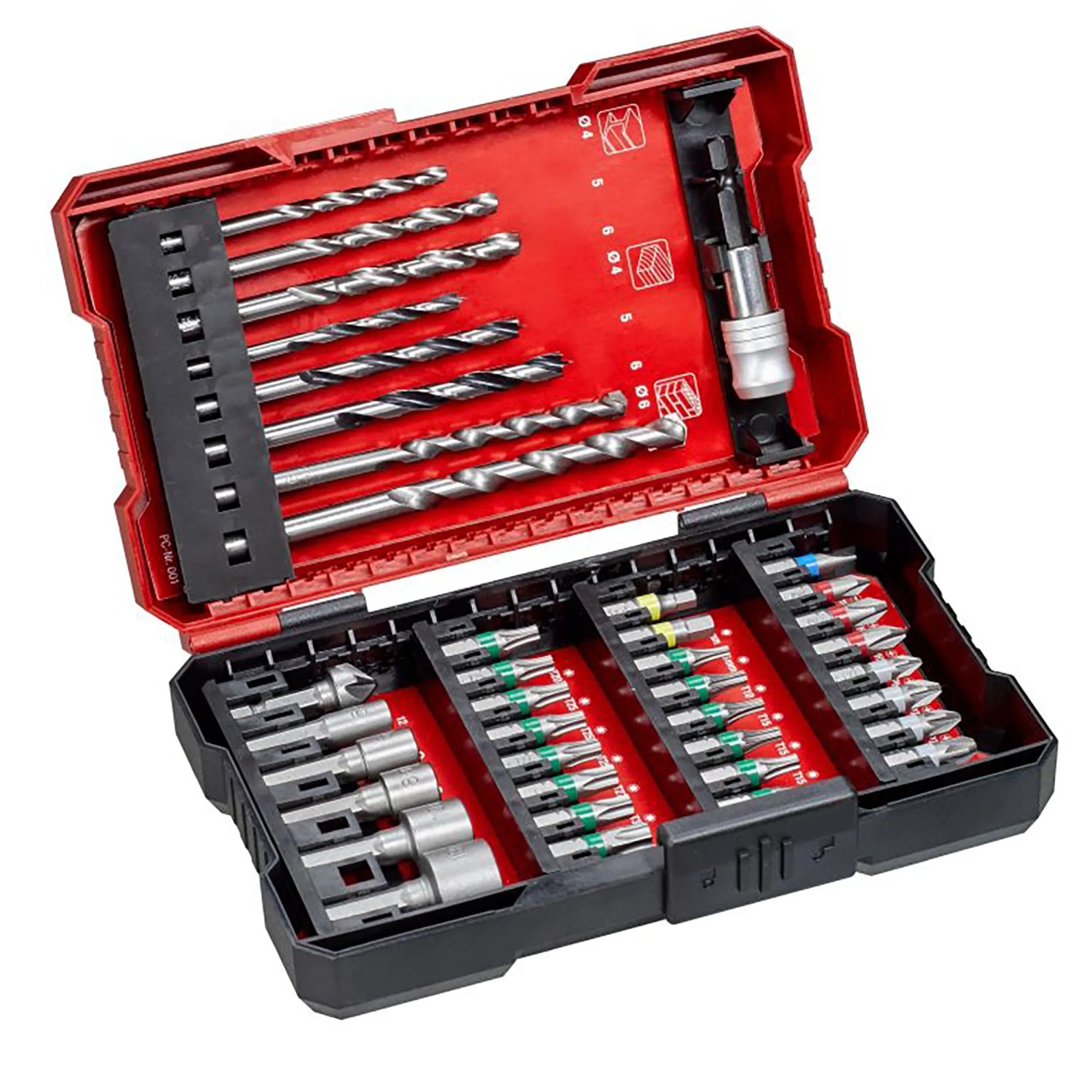 Einhell Bit- und Bohrerbox, 39-teilig, mit Bits, Bohrern und Steckschlüsseln in roter L-Box.