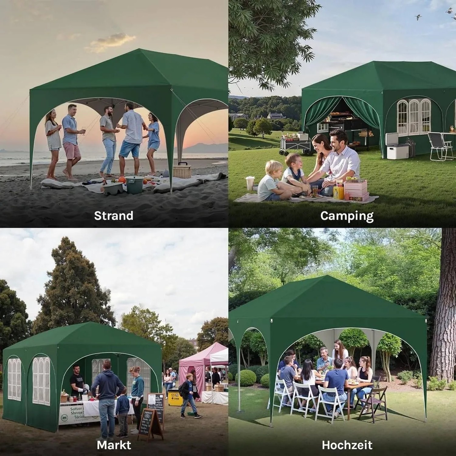 Grüner 3x6m Faltpavillon mit UV-Schutz und Seitenwänden, vielseitig nutzbar für Strand, Camping, Markt und Gartenfeste.