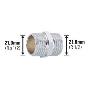Verchromter Messing Doppel-Gewindenippel, 21 mm (R 1/2) für Gewindefittings.