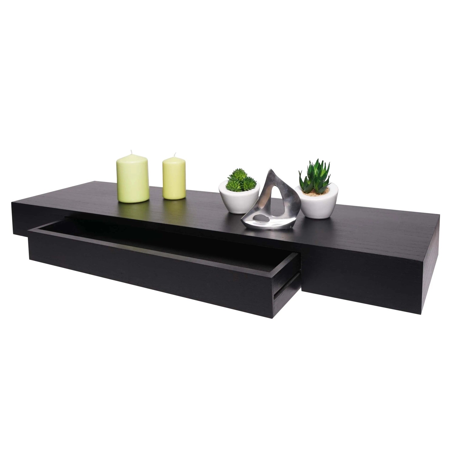 Schwarzes BERLINLODGE Wandregal mit Schublade aus Massivholz, 80x25cm.