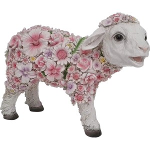 Stehendes Deko-Blumenschaf, klein, 22 cm, mit rosa und lila Blüten für die Gartendekoration.