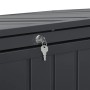 Detailaufnahme: Abschließbare graue Juskys Mülltonnenbox Namur aus Metall mit Schlüssel.