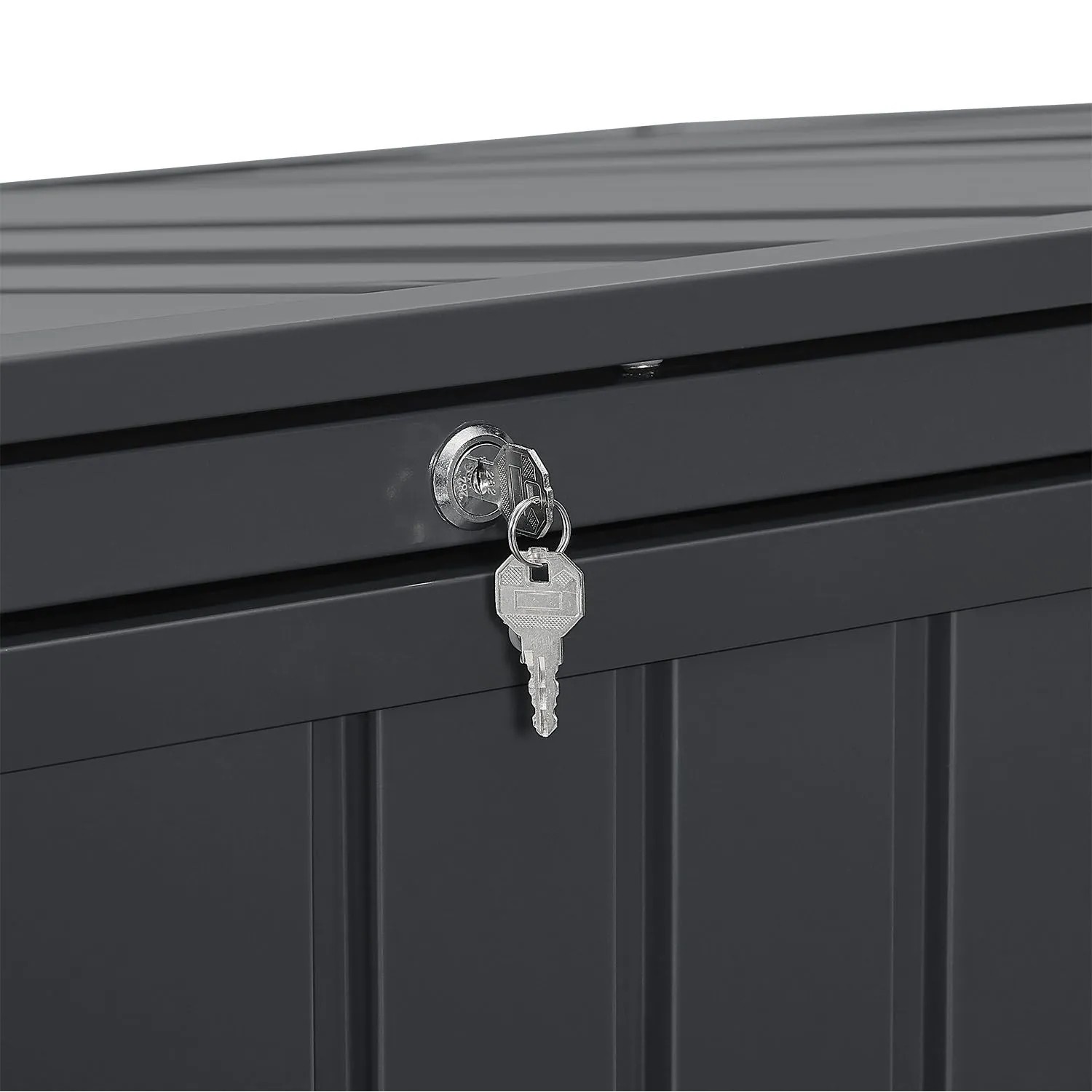 Detailaufnahme: Abschließbare graue Juskys Mülltonnenbox Namur aus Metall mit Schlüssel.