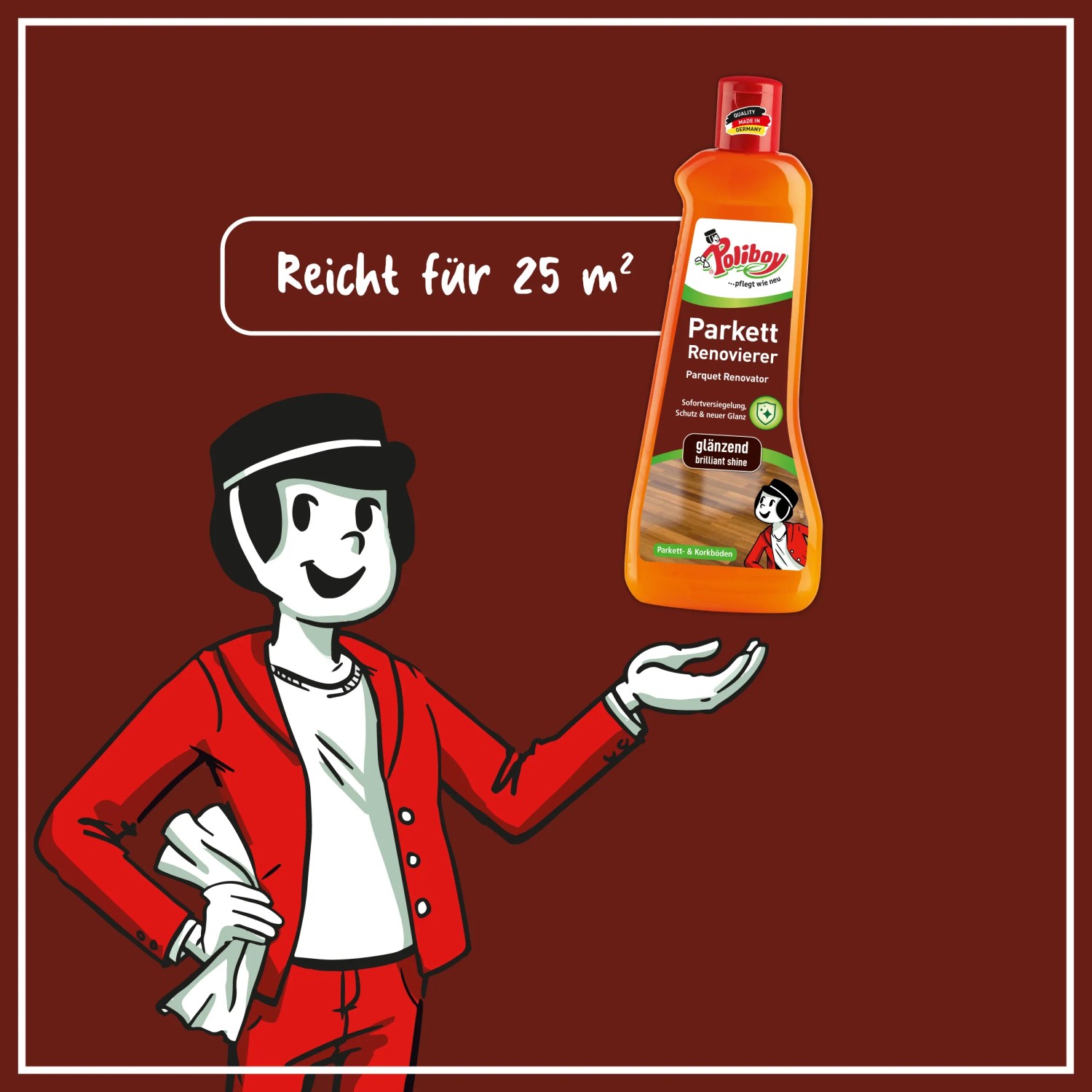 Poliboy Parkett Renovierer Glänzend 500ml Flasche mit Comicfigur. Für glänzende Holzböden.