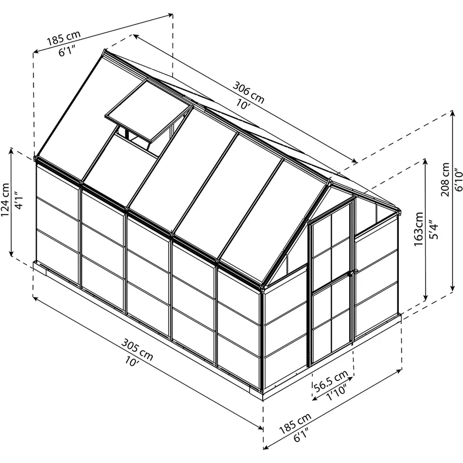 Technische Zeichnung: Palram Canopia Hybrid Gewächshaus 3.1x1.9m, silberner Rahmen, klare Wände, Maße.